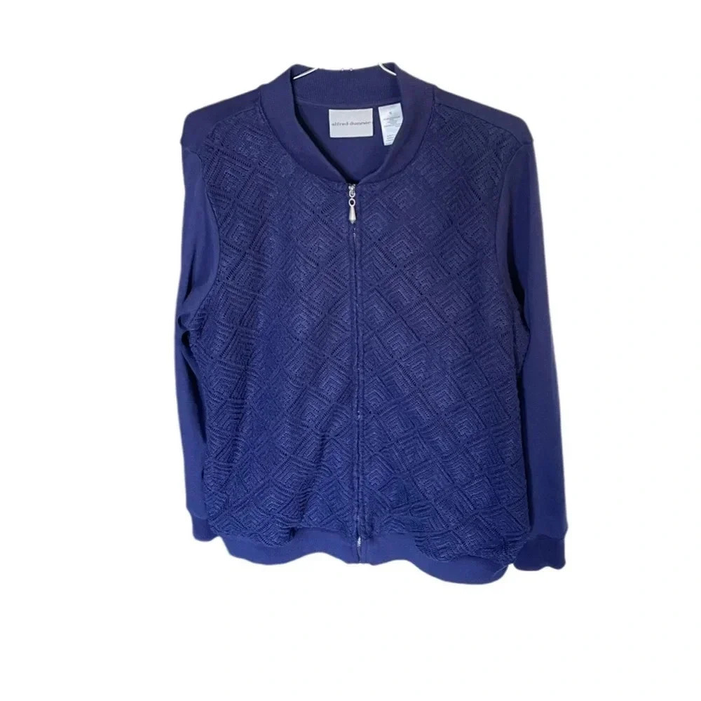 Alfred Dunner Blue Textured Pattern Full Zip Up Jacket Women’s Size 10